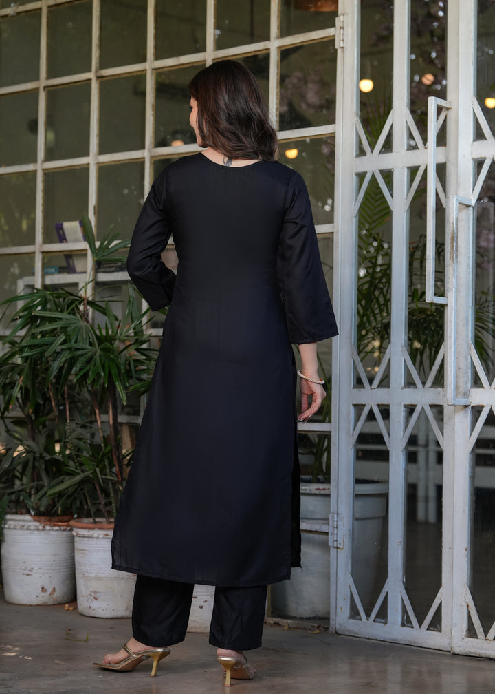 Black Color Viscose Rayon Embroidery Kurti With Pant And  Dupatta Set