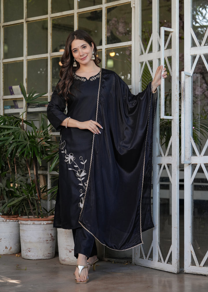 Black Color Viscose Rayon Embroidery Kurti With Pant And  Dupatta Set