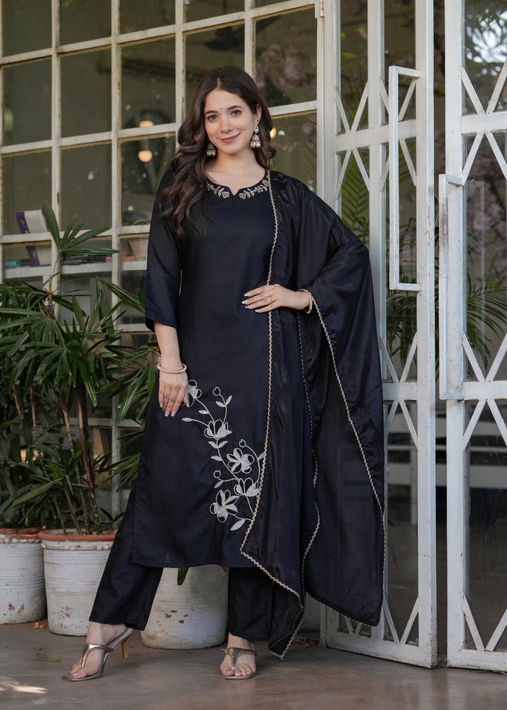 Black Color Viscose Rayon Embroidery Kurti With Pant And  Dupatta Set