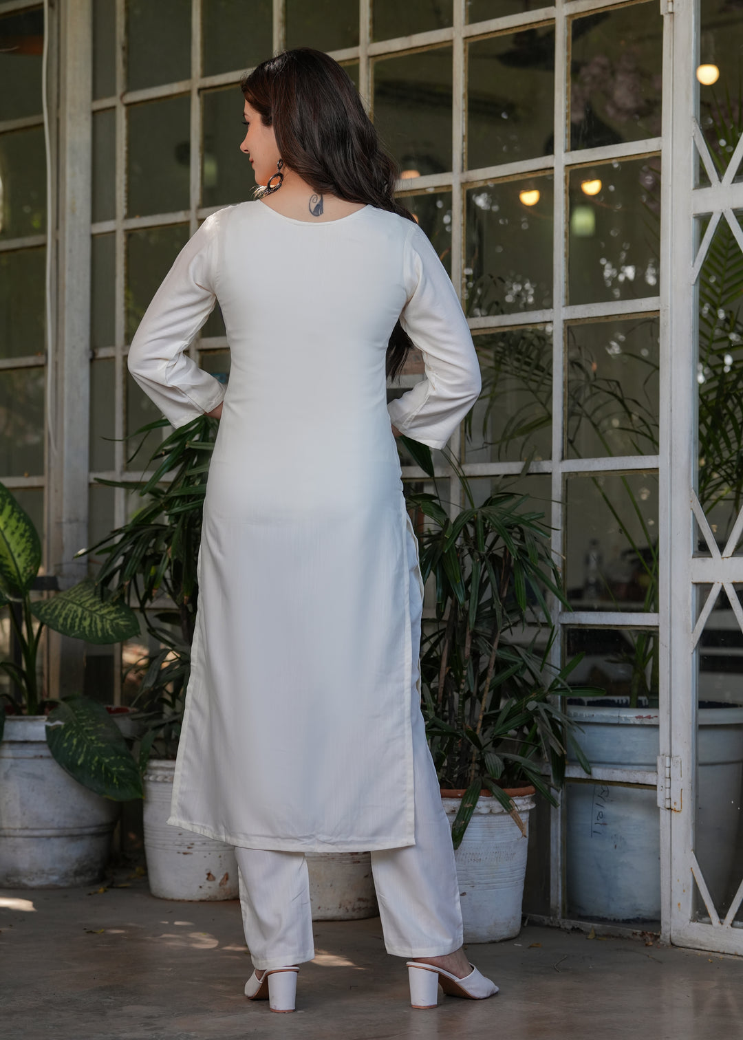 White Color Viscose Rayon Embroidery Kurti With Pant And  Dupatta Set