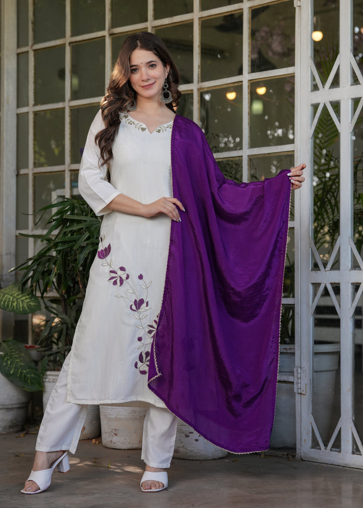 White Color Viscose Rayon Embroidery Kurti With Pant And  Dupatta Set