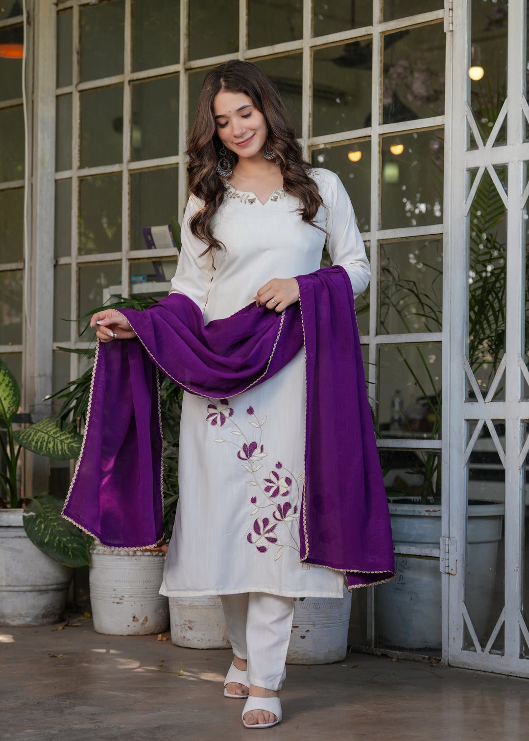 White Color Viscose Rayon Embroidery Kurti With Pant And  Dupatta Set