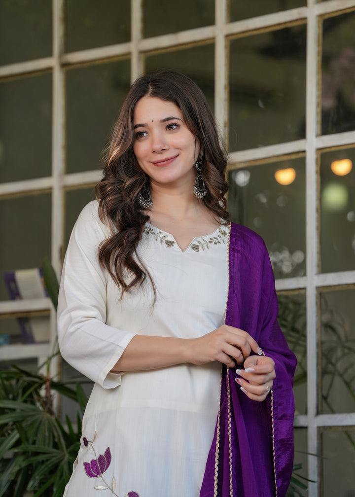 White Color Viscose Rayon Embroidery Kurti With Pant And  Dupatta Set