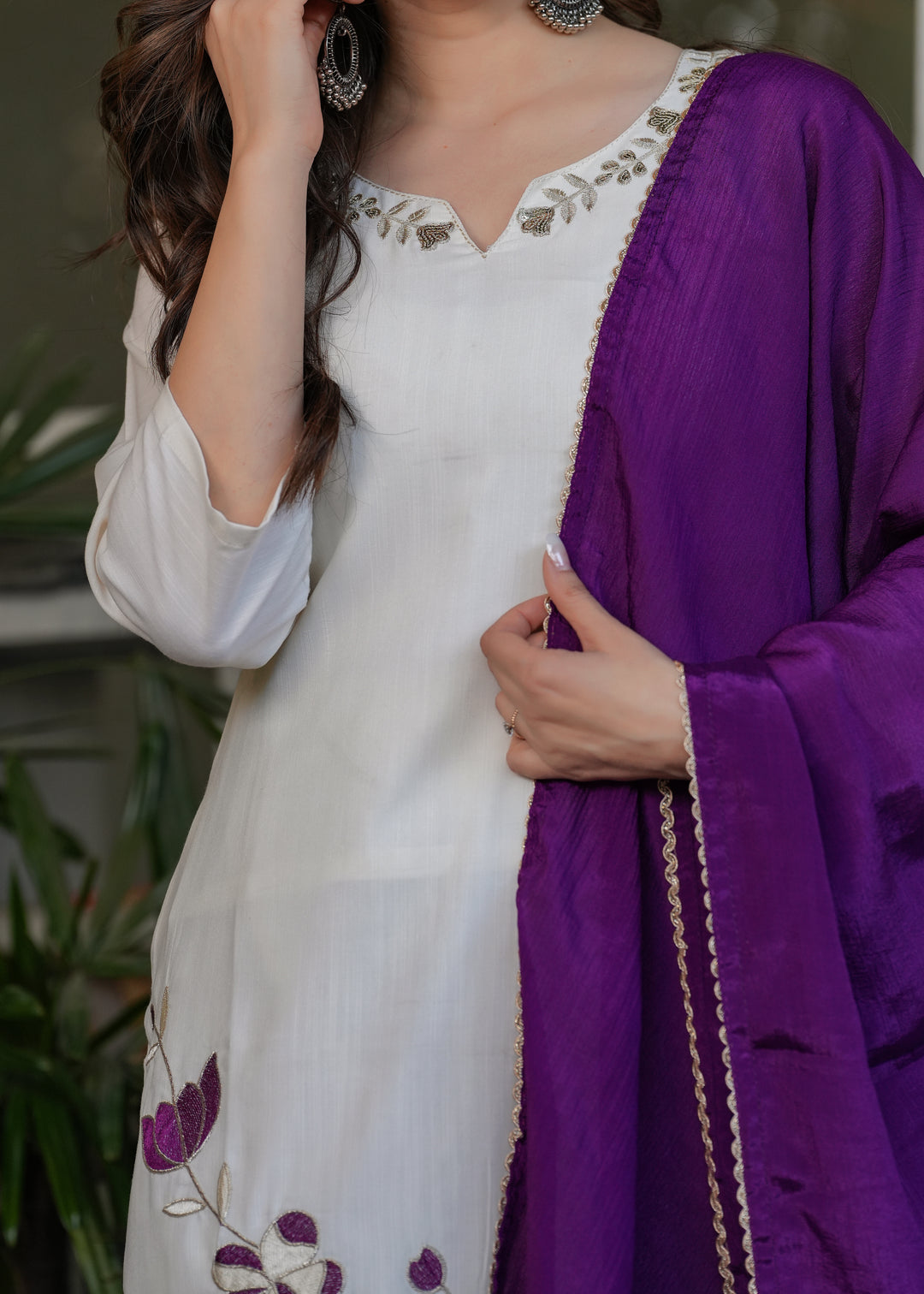White Color Viscose Rayon Embroidery Kurti With Pant And  Dupatta Set