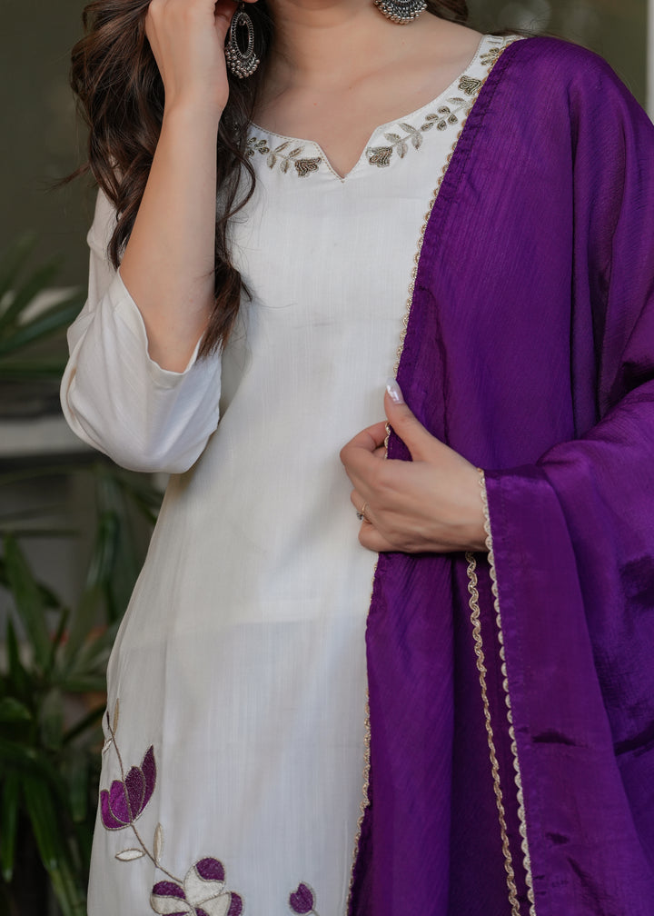 White Color Viscose Rayon Embroidery Kurti With Pant And  Dupatta Set