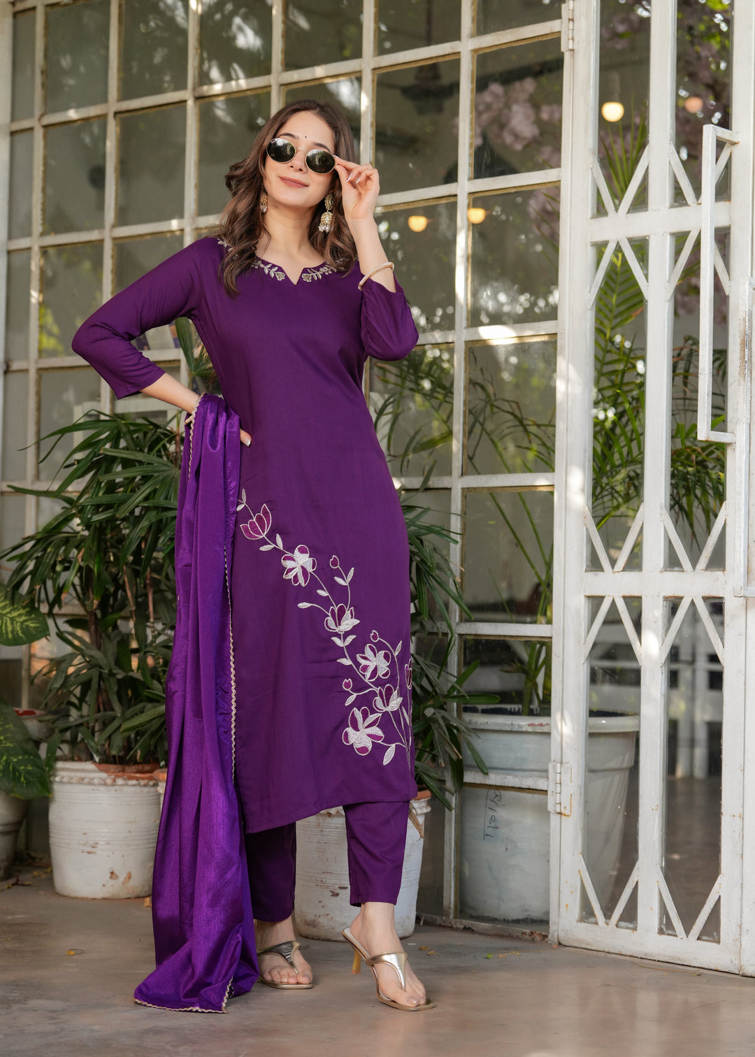 Purple Color Viscose Rayon Embroidery Kurti With Pant And  Dupatta Set
