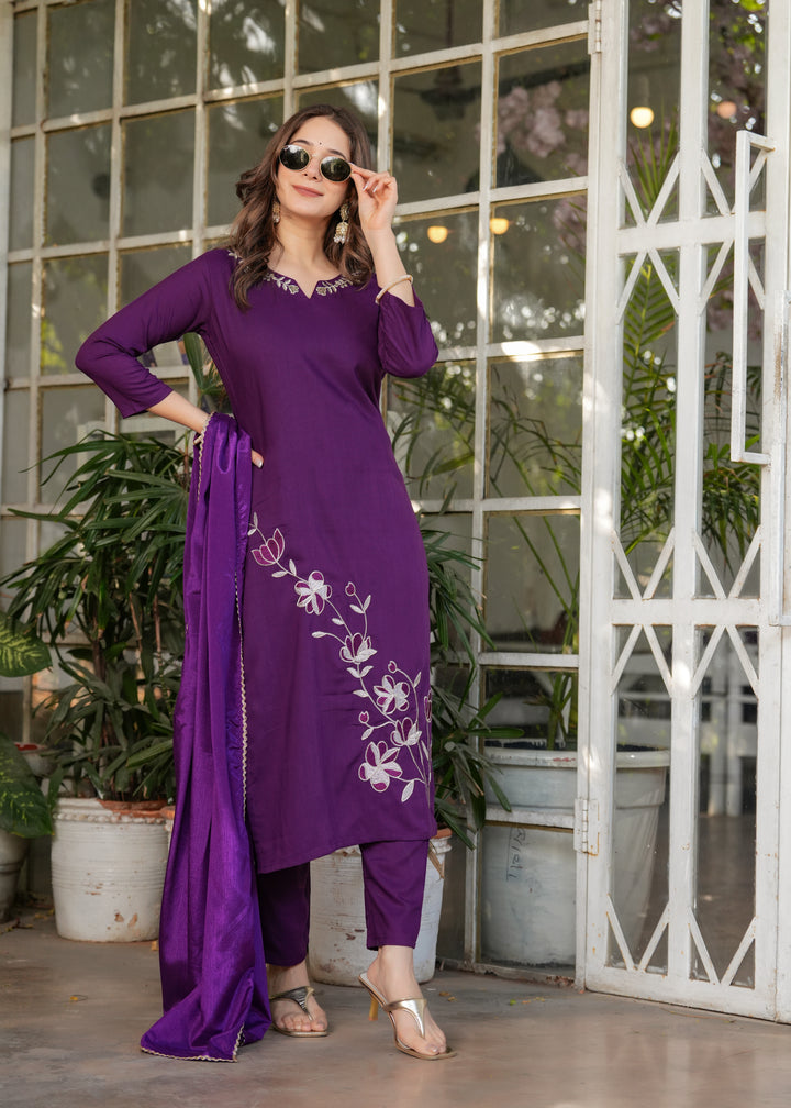 Purple Color Viscose Rayon Embroidery Kurti With Pant And  Dupatta Set