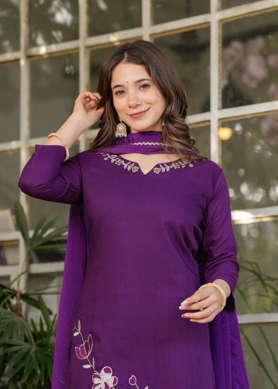 Purple Color Viscose Rayon Embroidery Kurti With Pant And  Dupatta Set