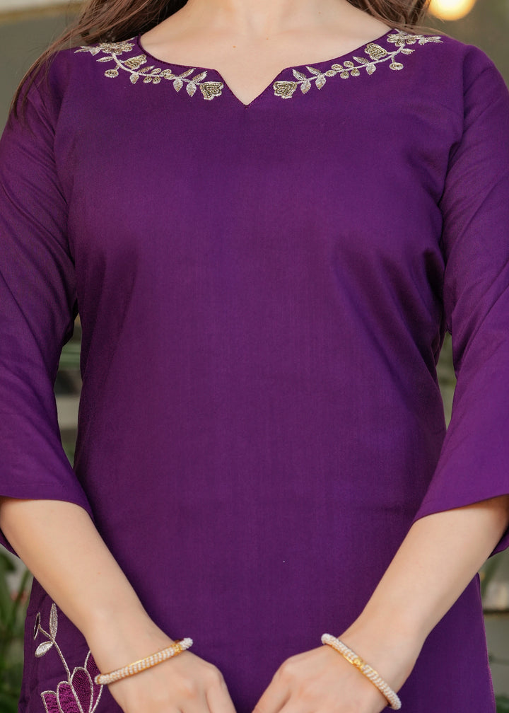Purple Color Viscose Rayon Embroidery Kurti With Pant And  Dupatta Set