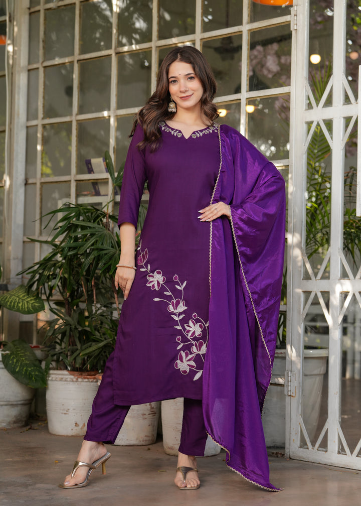 Purple Color Viscose Rayon Embroidery Kurti With Pant And  Dupatta Set