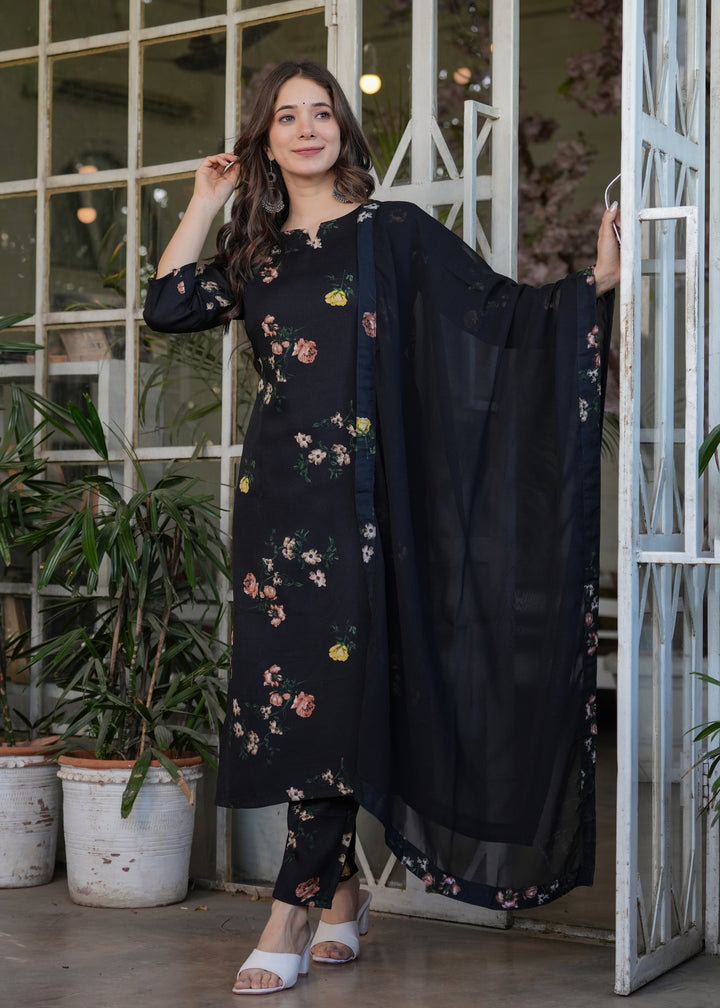 Black Color Silk Blend Printed Straight Kurti With Pant And  Dupatta Set