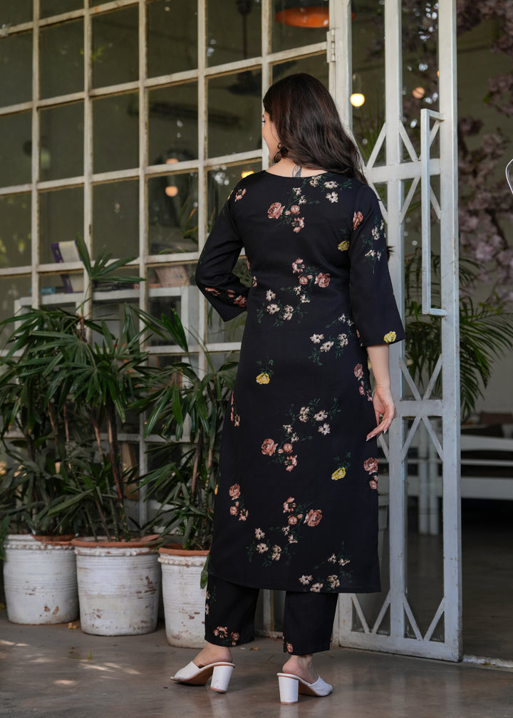 Black Color Silk Blend Printed Straight Kurti With Pant And  Dupatta Set