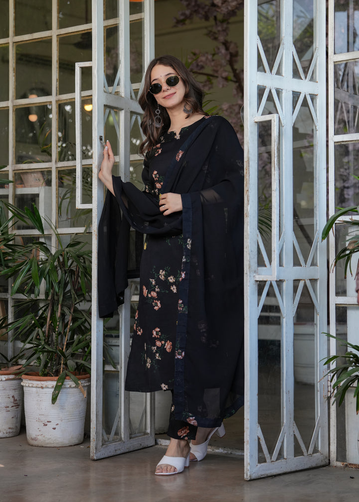 Black Color Silk Blend Printed Straight Kurti With Pant And  Dupatta Set