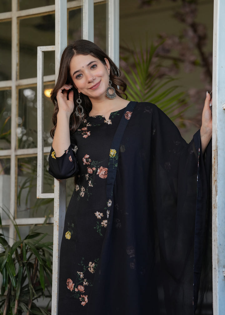 Black Color Silk Blend Printed Straight Kurti With Pant And  Dupatta Set