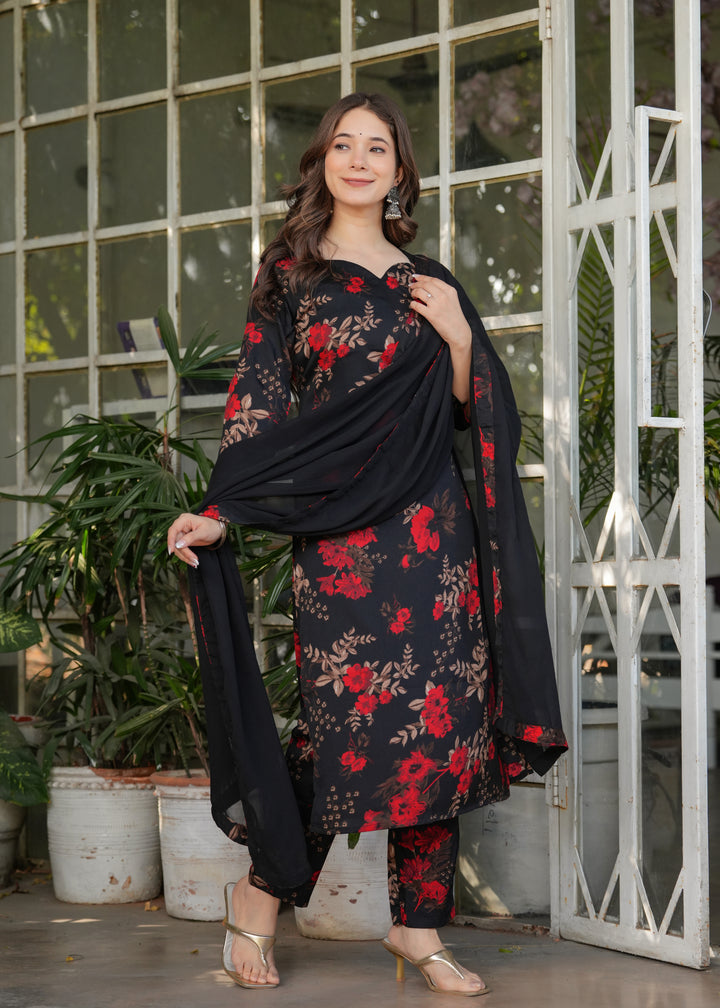 Black-Red Color Silk Blend Printed Straight Kurti With Pant And  Dupatta Set