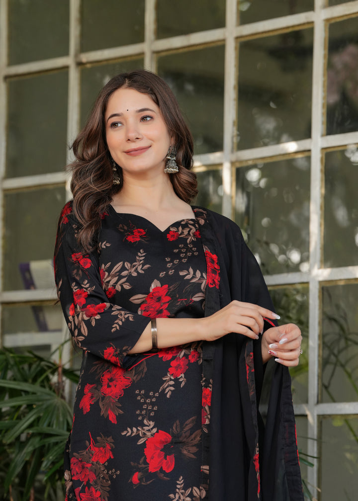 Black-Red Color Silk Blend Printed Straight Kurti With Pant And  Dupatta Set
