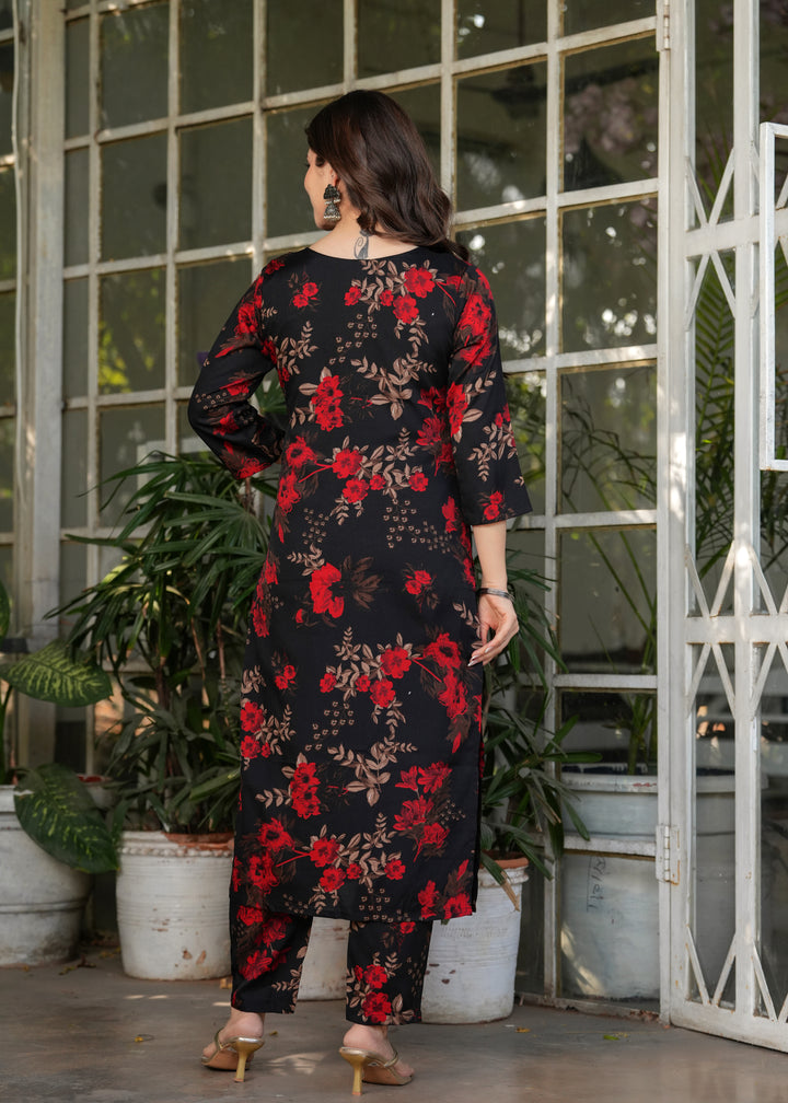 Black-Red Color Silk Blend Printed Straight Kurti With Pant And  Dupatta Set