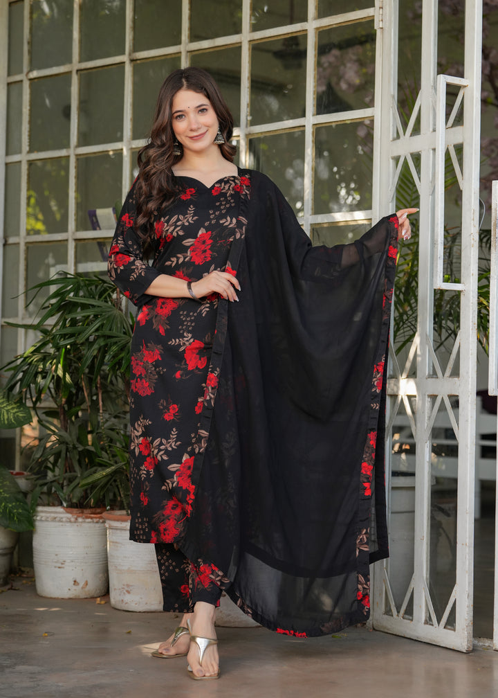 Black-Red Color Silk Blend Printed Straight Kurti With Pant And  Dupatta Set