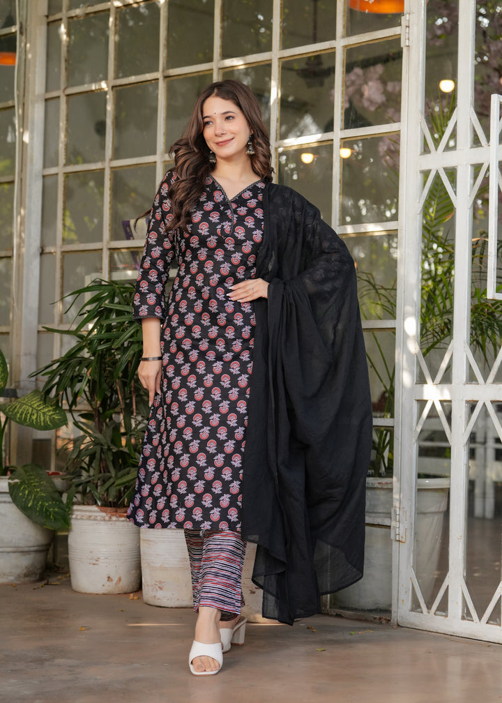 Black Color Pure Cotton Printed Straight Kurti With Pant And  Dupatta Set