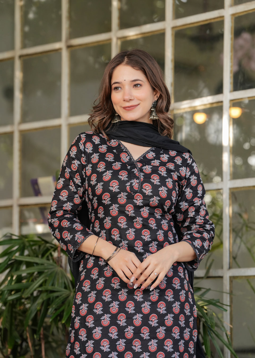 Black Color Pure Cotton Printed Straight Kurti With Pant And  Dupatta Set