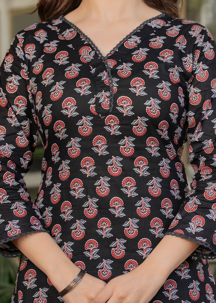 Black Color Pure Cotton Printed Straight Kurti With Pant And  Dupatta Set