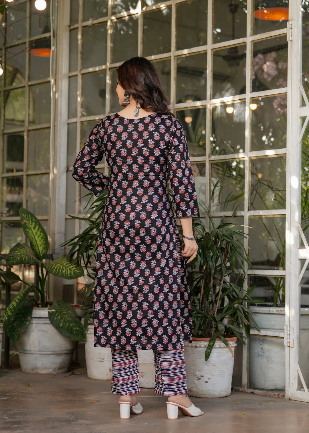 Black Color Pure Cotton Printed Straight Kurti With Pant And  Dupatta Set