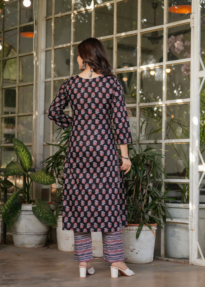 Black Color Pure Cotton Printed Straight Kurti With Pant And  Dupatta Set