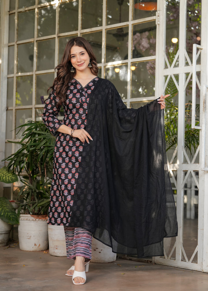 Black Color Pure Cotton Printed Straight Kurti With Pant And  Dupatta Set