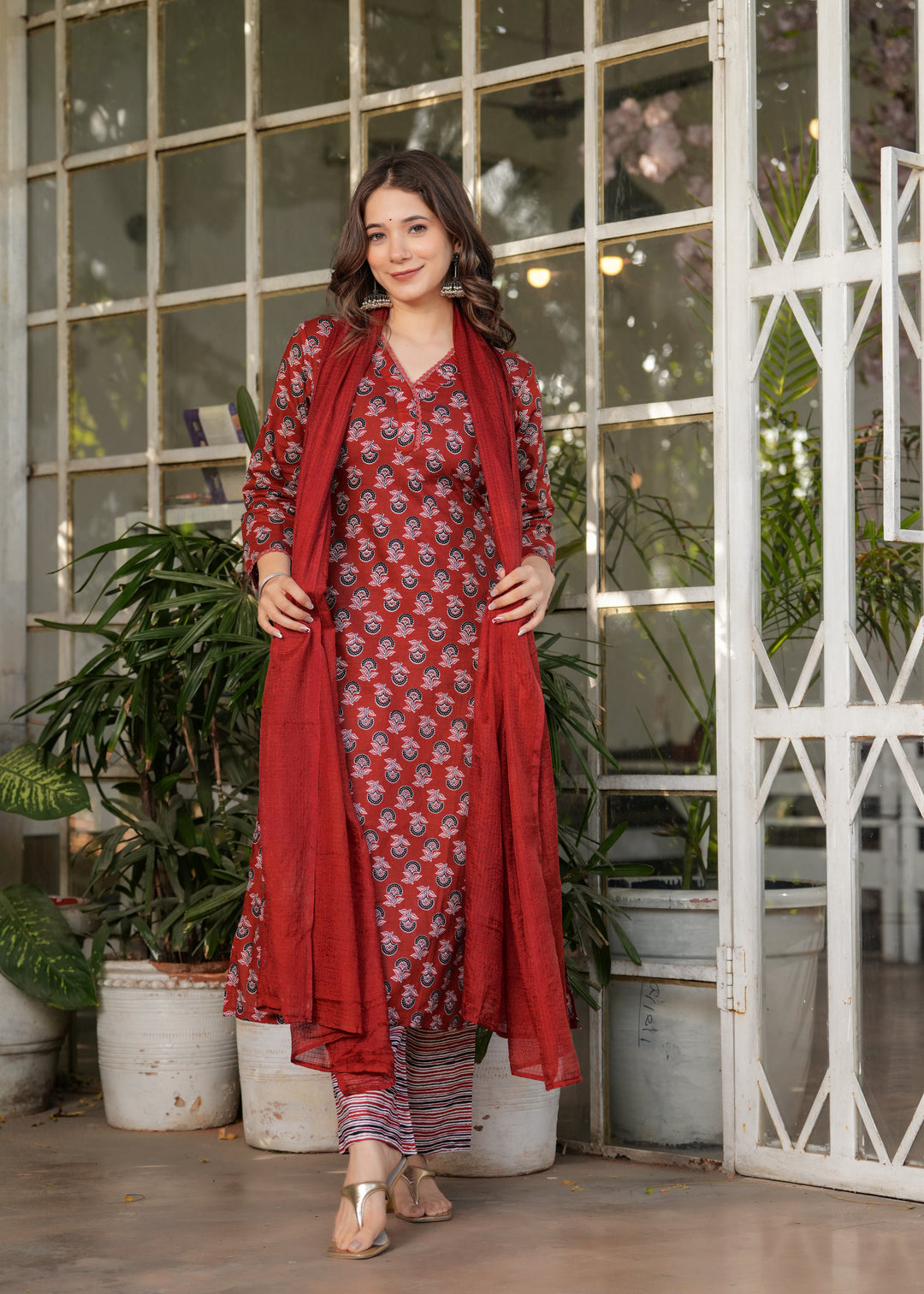 Maroon Color Pure Cotton Printed Straight Kurti With Pant And  Dupatta Set