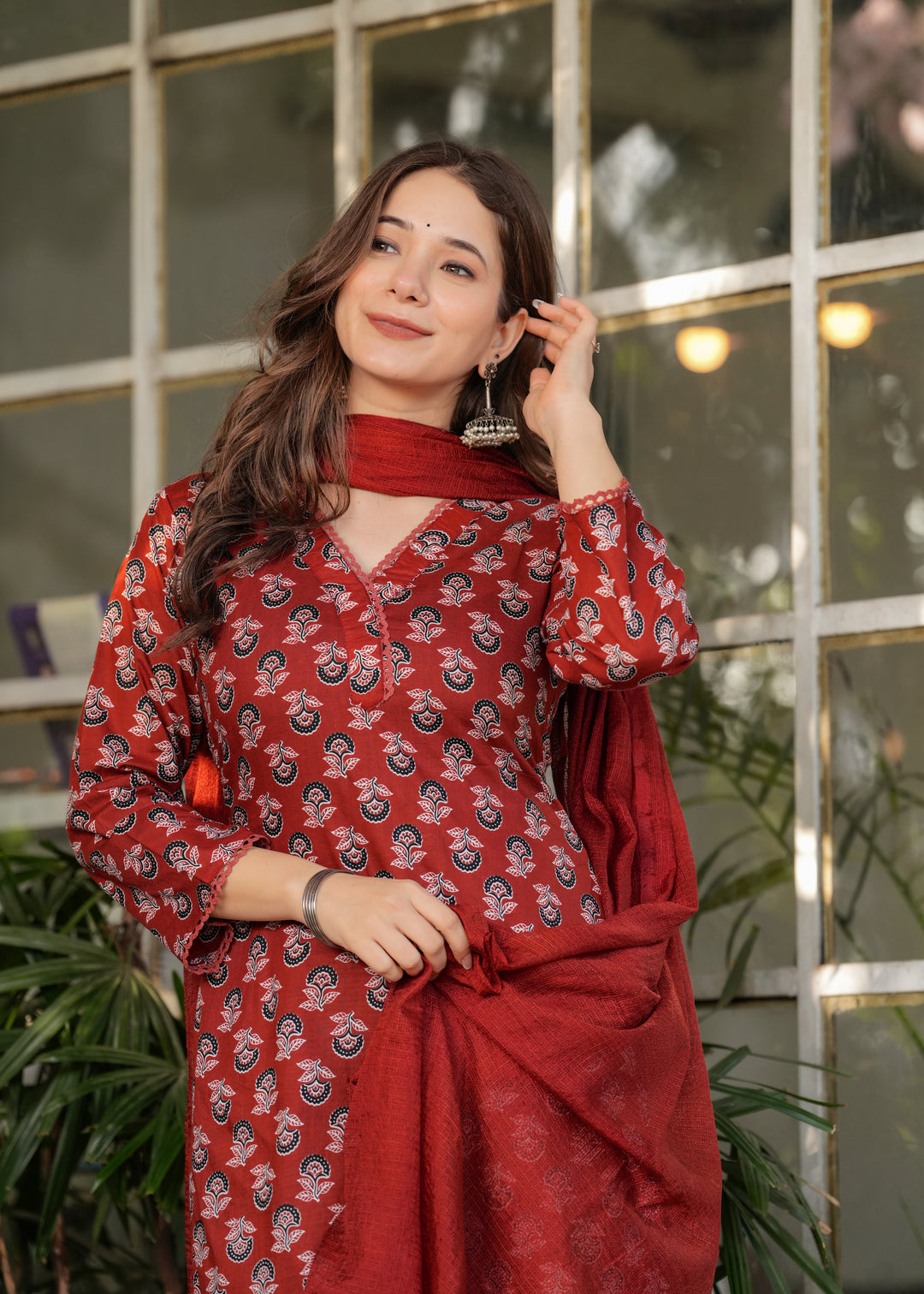Maroon Color Pure Cotton Printed Straight Kurti With Pant And  Dupatta Set