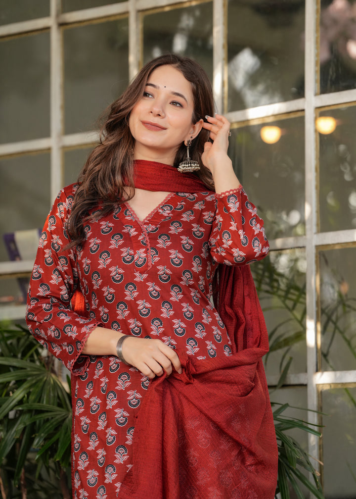 Maroon Color Pure Cotton Printed Straight Kurti With Pant And  Dupatta Set