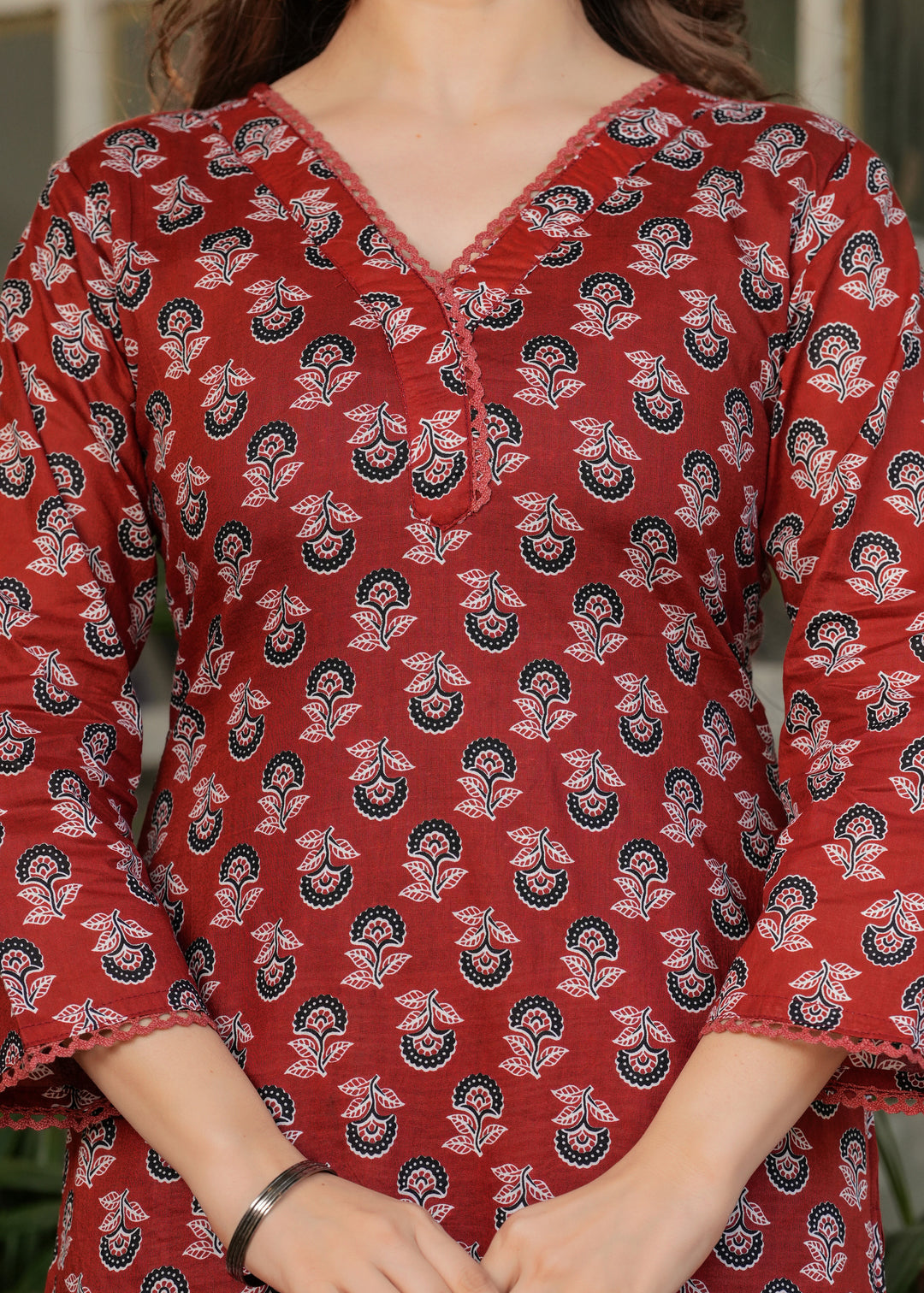 Maroon Color Pure Cotton Printed Straight Kurti With Pant And  Dupatta Set