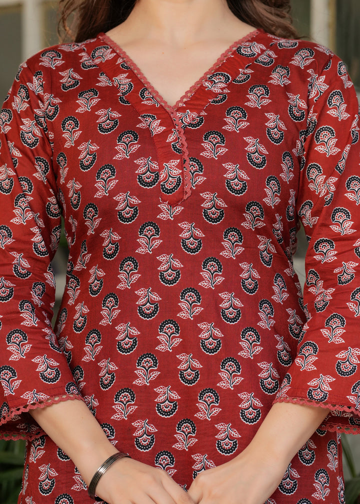 Maroon Color Pure Cotton Printed Straight Kurti With Pant And  Dupatta Set