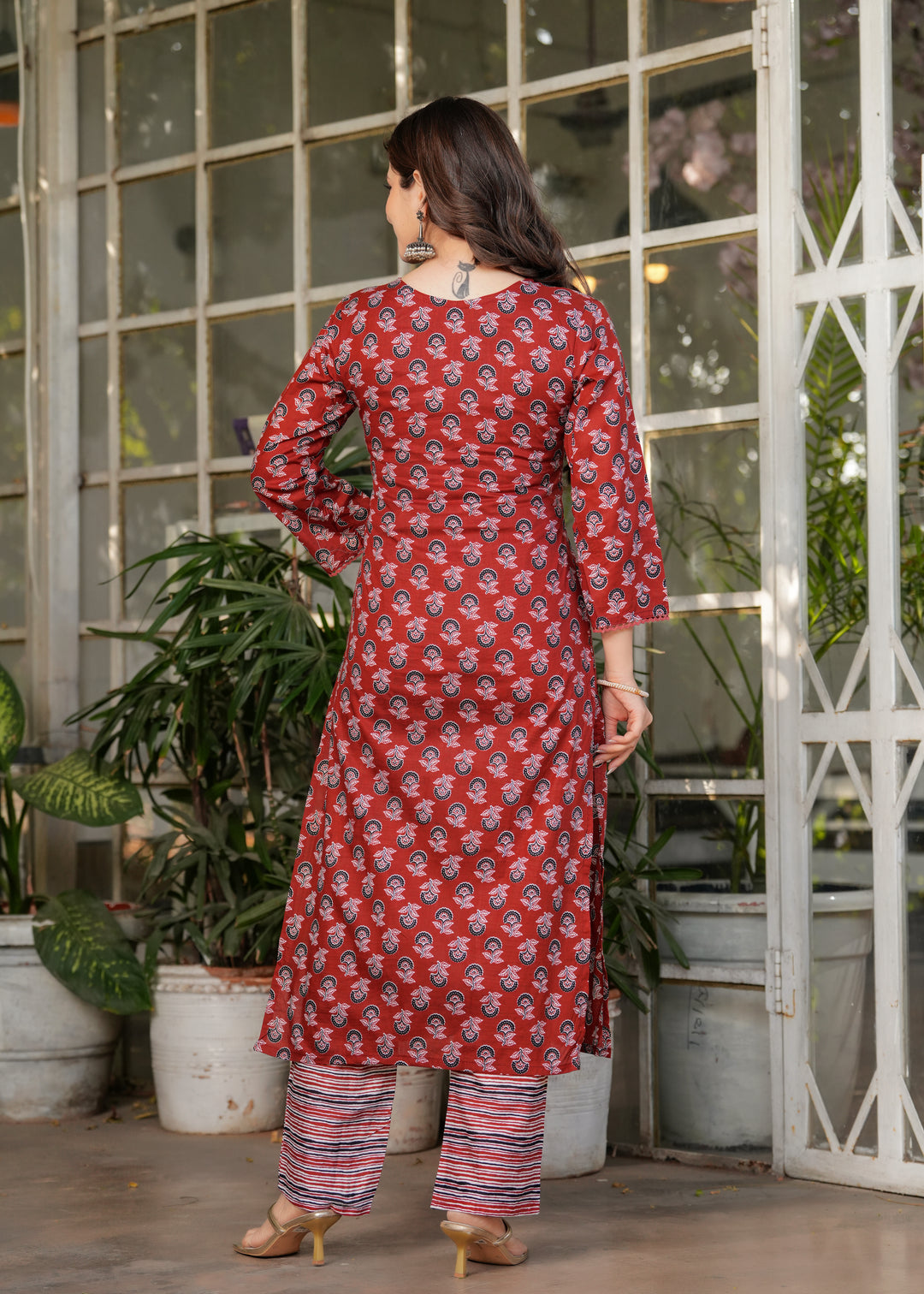 Maroon Color Pure Cotton Printed Straight Kurti With Pant And  Dupatta Set