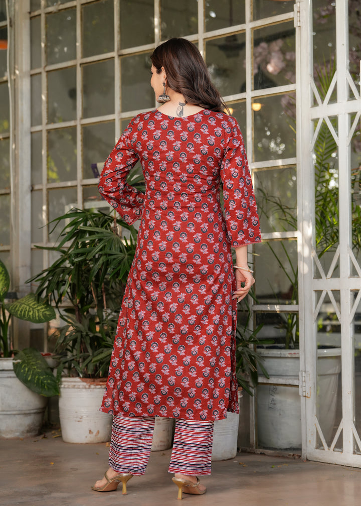 Maroon Color Pure Cotton Printed Straight Kurti With Pant And  Dupatta Set