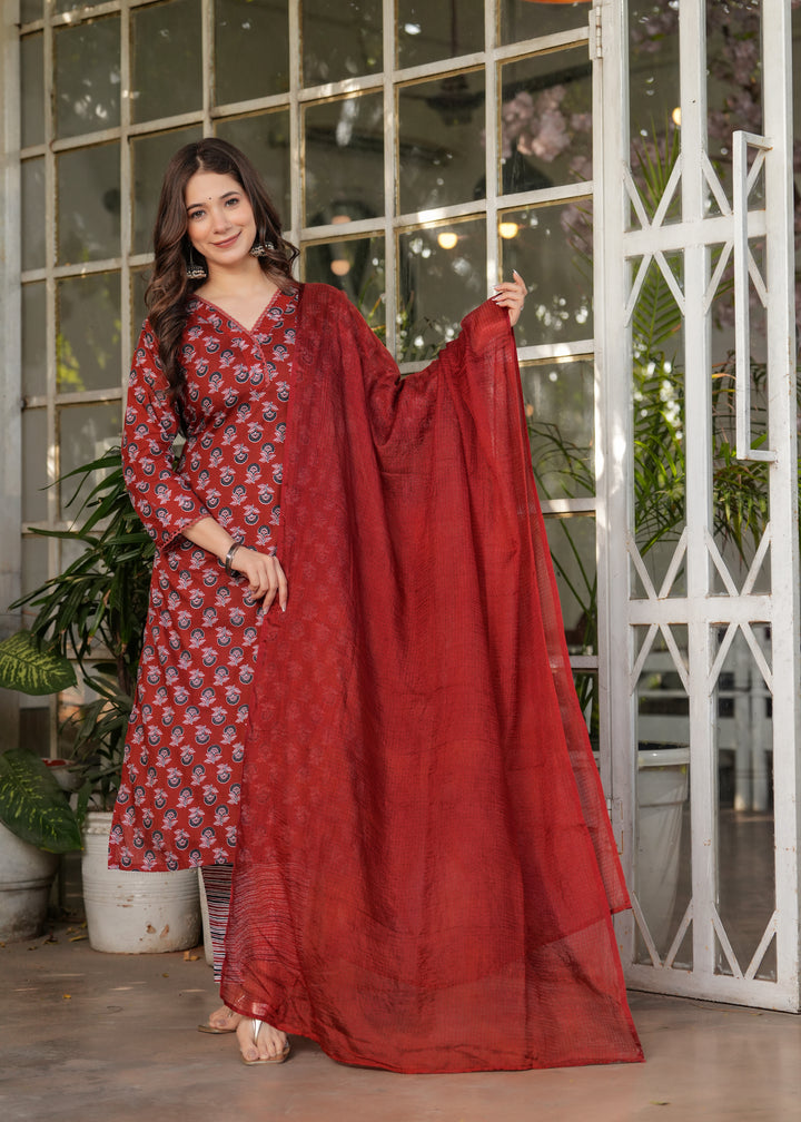 Maroon Color Pure Cotton Printed Straight Kurti With Pant And  Dupatta Set