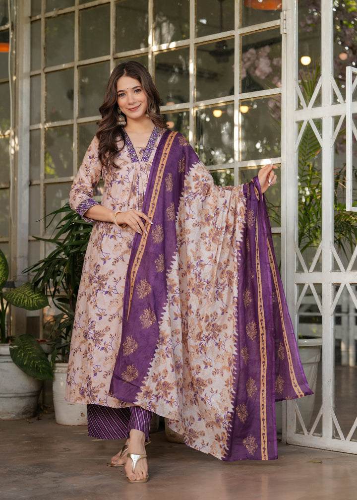 Cream Color Pure Cotton Printed Straight Kurti With Pant And Dupatta Set