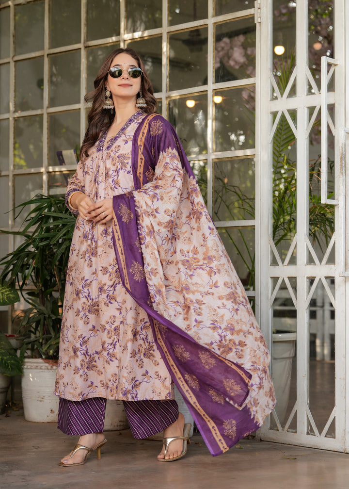 Cream Color Pure Cotton Printed Straight Kurti With Pant And Dupatta Set