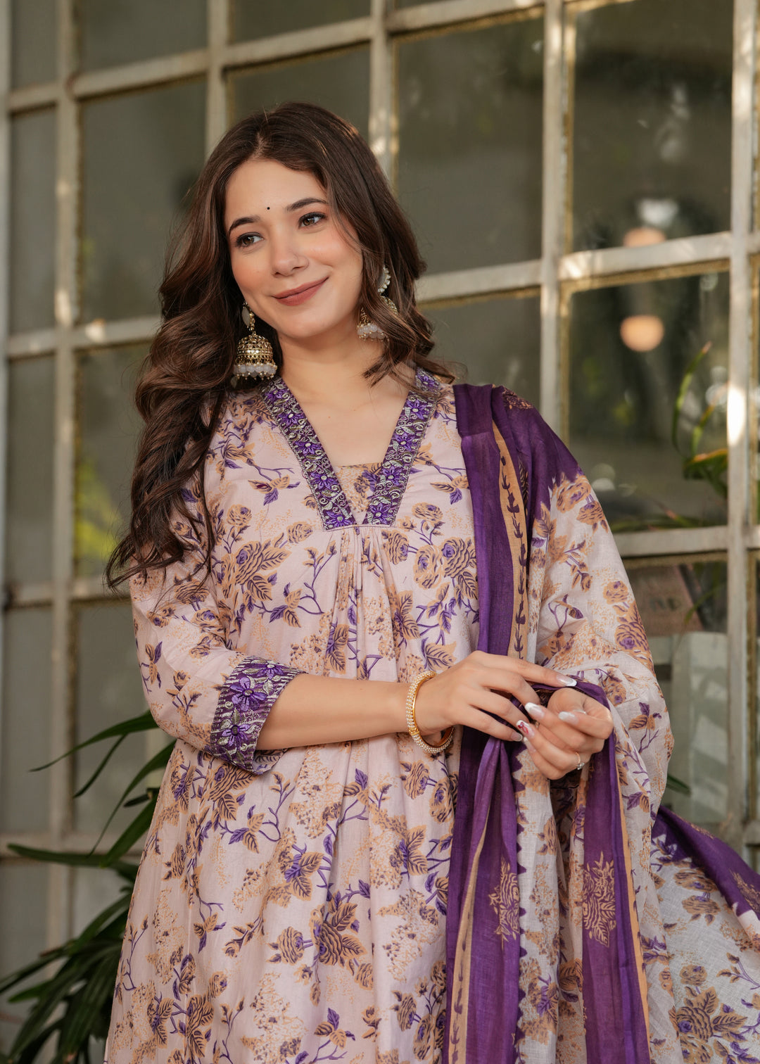 Cream Color Pure Cotton Printed Straight Kurti With Pant And Dupatta Set