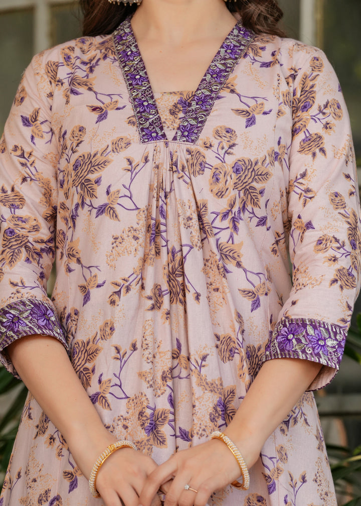 Cream Color Pure Cotton Printed Straight Kurti With Pant And Dupatta Set