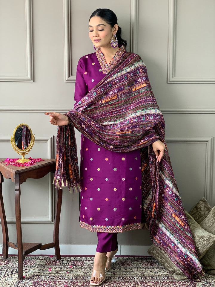 Purple Color Viscose Chanderi Kurti With Pant And Heavy Embroidery Dupatta Set