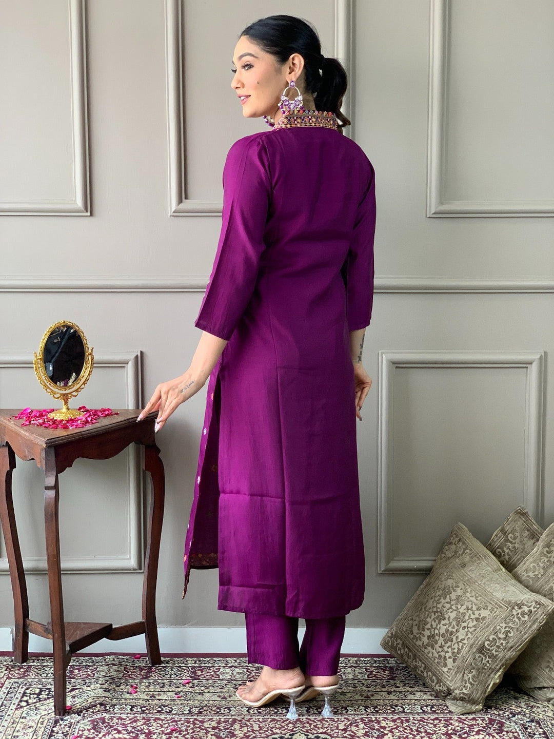 Purple Color Viscose Chanderi Kurti With Pant And Heavy Embroidery Dupatta Set