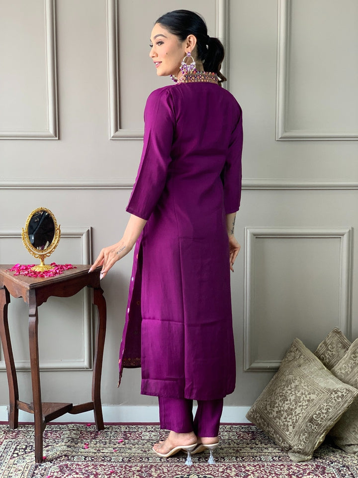 Purple Color Viscose Chanderi Kurti With Pant And Heavy Embroidery Dupatta Set
