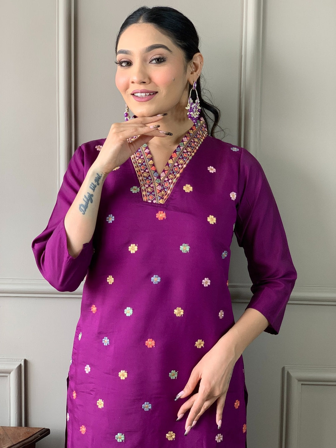 Purple Color Viscose Chanderi Kurti With Pant And Heavy Embroidery Dupatta Set