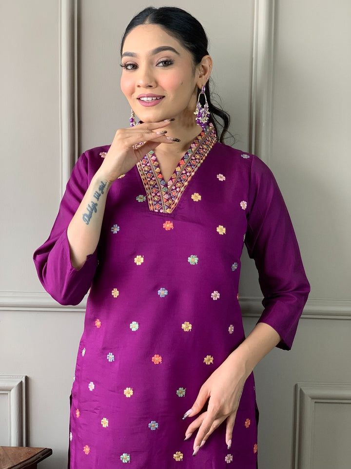 Purple Color Viscose Chanderi Kurti With Pant And Heavy Embroidery Dupatta Set