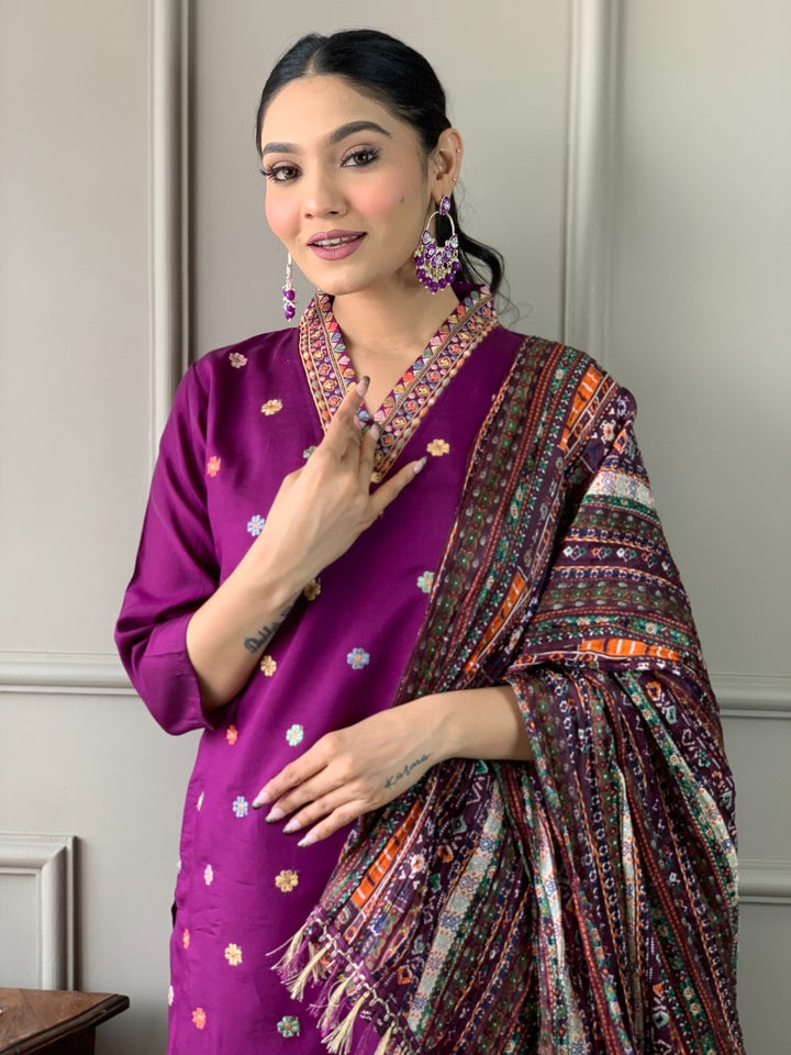 Purple Color Viscose Chanderi Kurti With Pant And Heavy Embroidery Dupatta Set