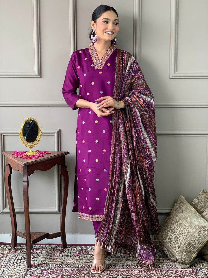 Purple Color Viscose Chanderi Kurti With Pant And Heavy Embroidery Dupatta Set