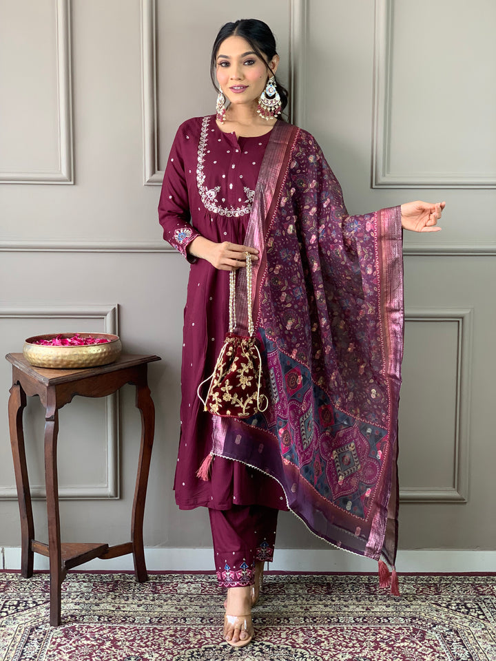 Wine Color Viscose Chanderi Kurti With Pant And Heavy Embroidery Dupatta Set