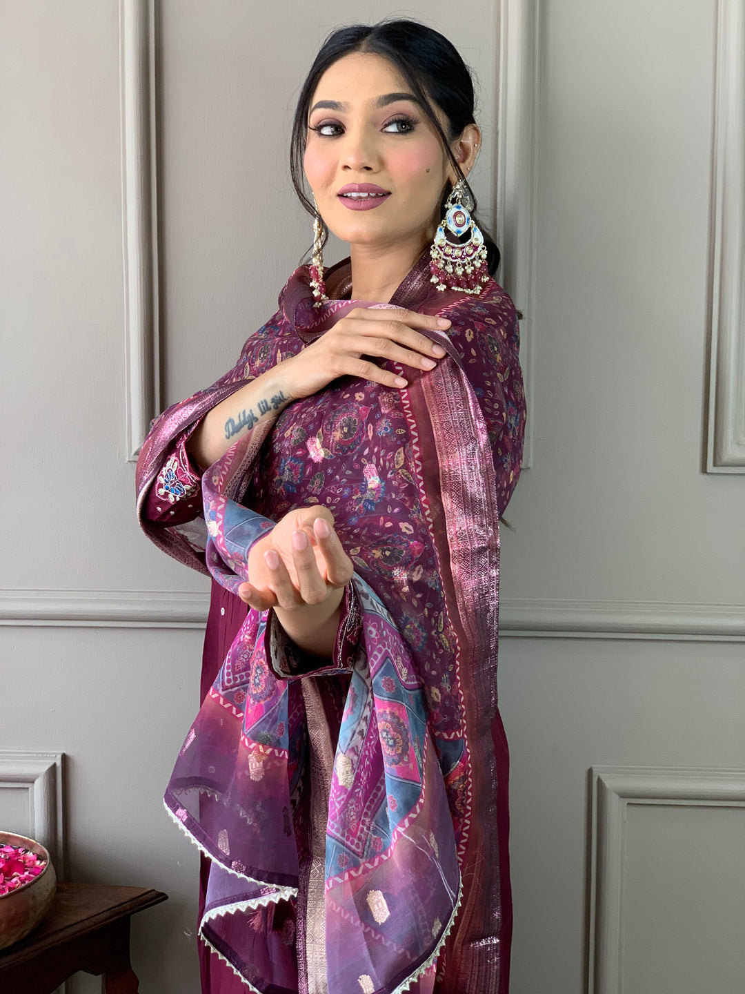 Wine Color Viscose Chanderi Kurti With Pant And Heavy Embroidery Dupatta Set