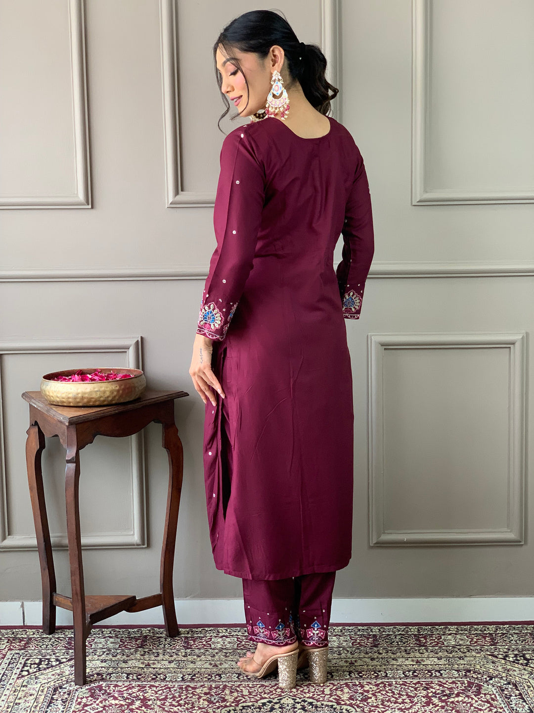 Wine Color Viscose Chanderi Kurti With Pant And Heavy Embroidery Dupatta Set